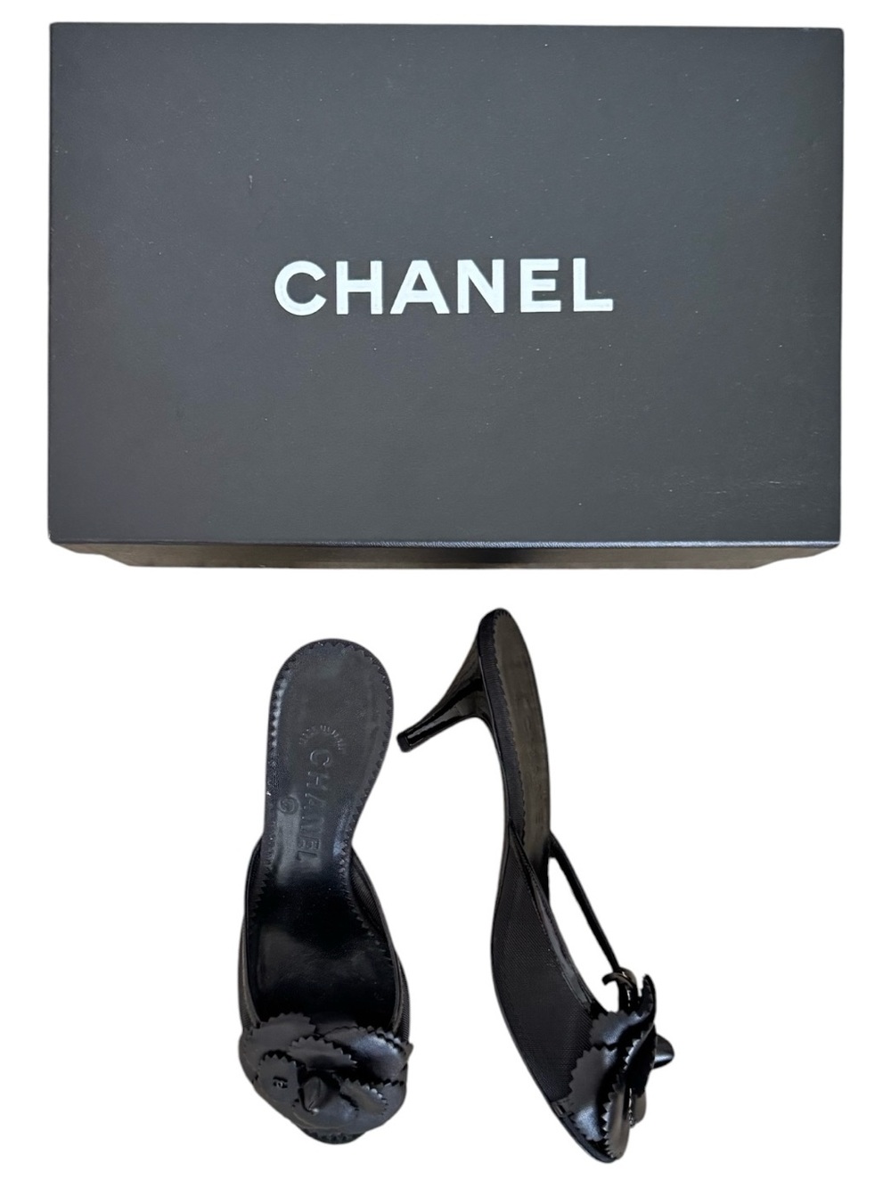 CHANEL Black Leather Camellia Mesh Mule Heels
